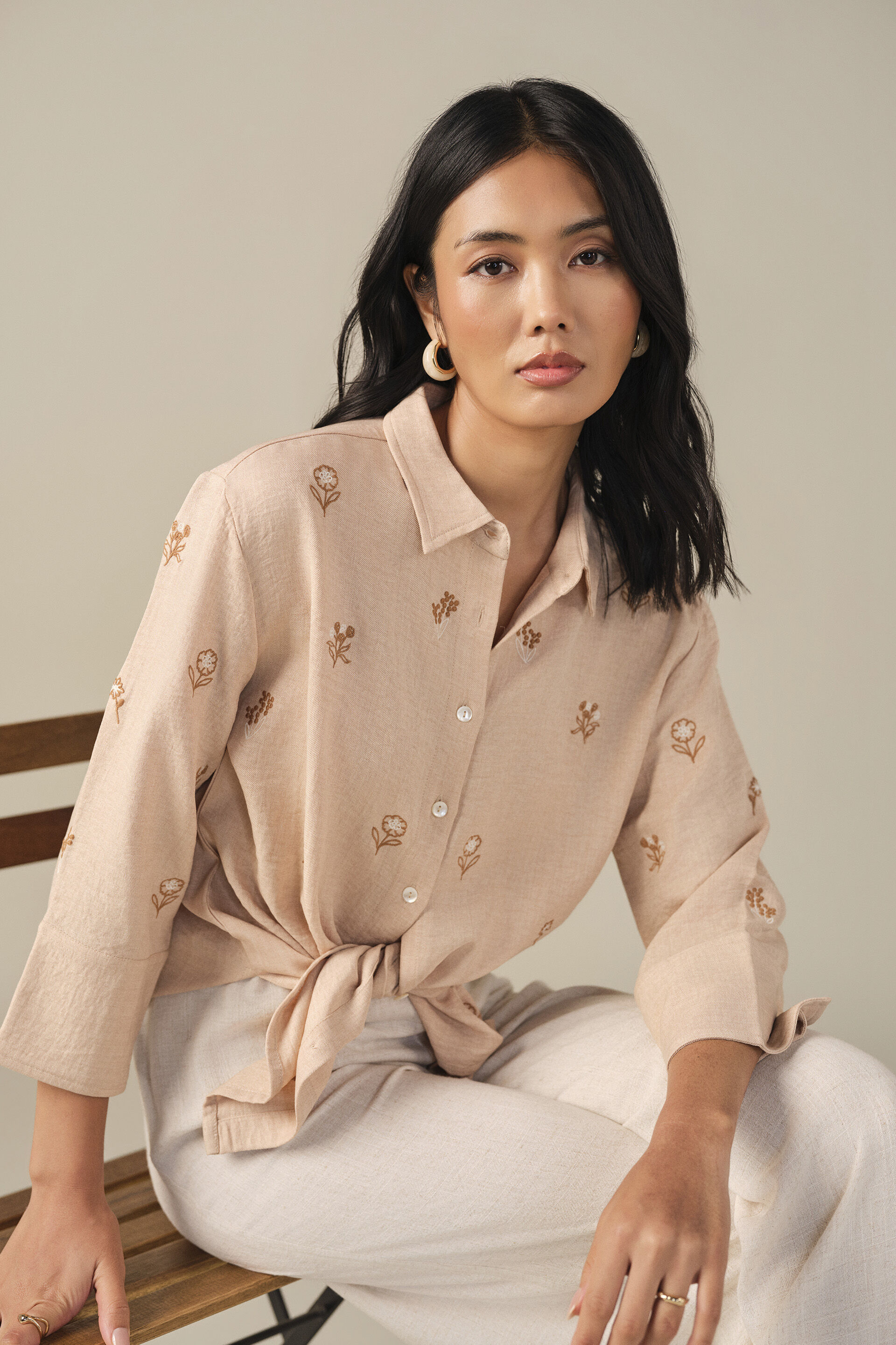 Floral Embroidered Shirt in Beige, Beige, image 4